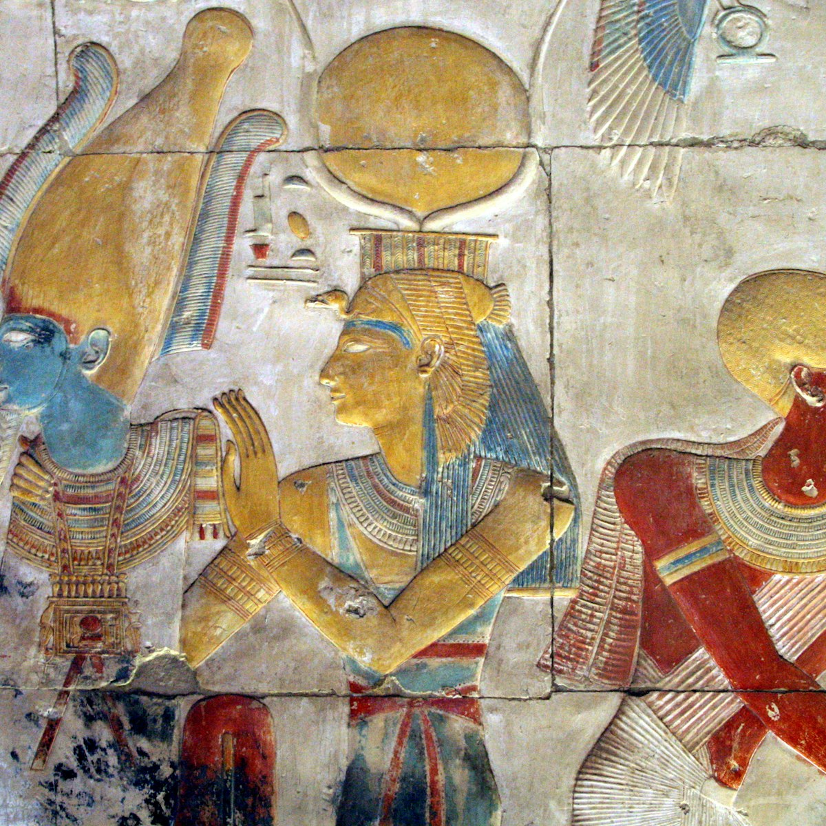 Painted bas relief of Osiris and Isis wearing the headdress of Hathor at the Temple of Seti I.
160374862
Abydos; Art And Craft; AutotagModeratelyStock - Do Not Delete; Bas Relief; Close-up; Color Image; Creativity; Egypt; Female Likeness; Flickr; Hathor; Headdress; History; Horizontal; Human Representation; Indoors; Isis - Egyptian Goddess; Male Likeness; Middle East; No People; Osiris; Paintings; Photography; Religion; Seti I; sohag governorate; Temple - Building; The Past; Wall - Building Feature;